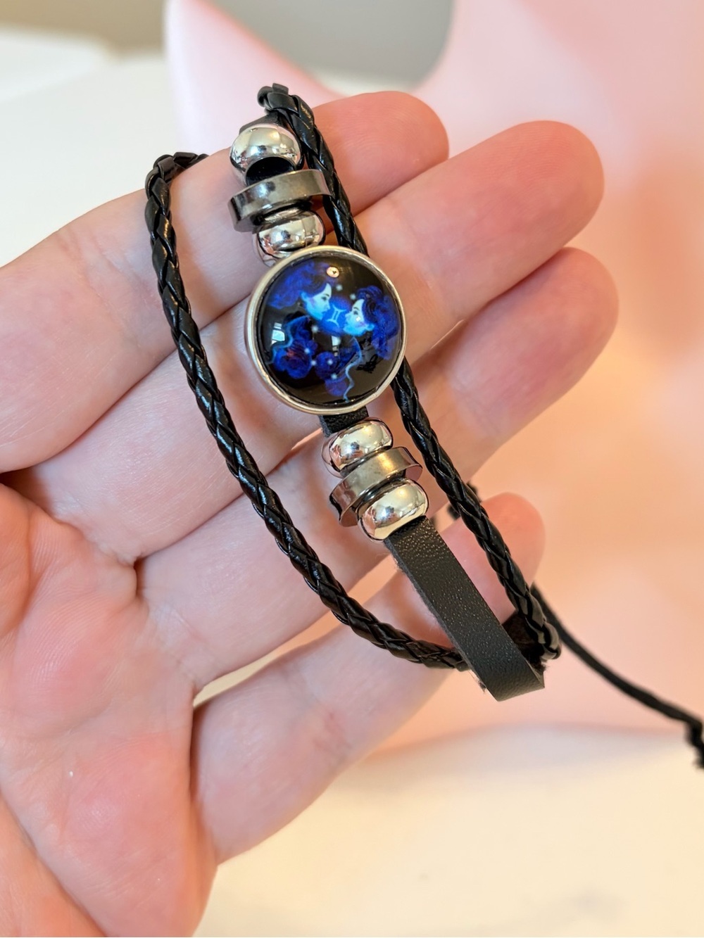 Black & Silver Gemini Zodiac Braided Bracelet.